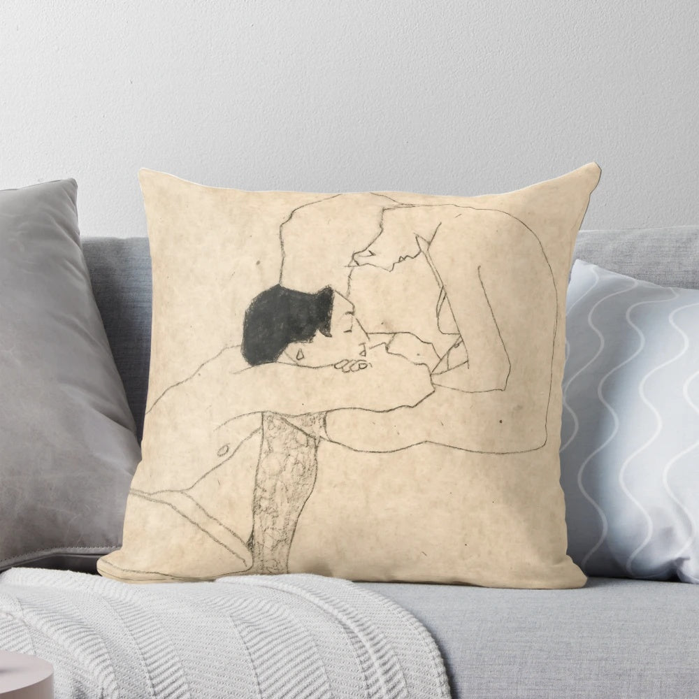 Egon Schiele's famous "Lovers" painting featured on a cozy, high-quality pillow for Valentine's Day and home decor.