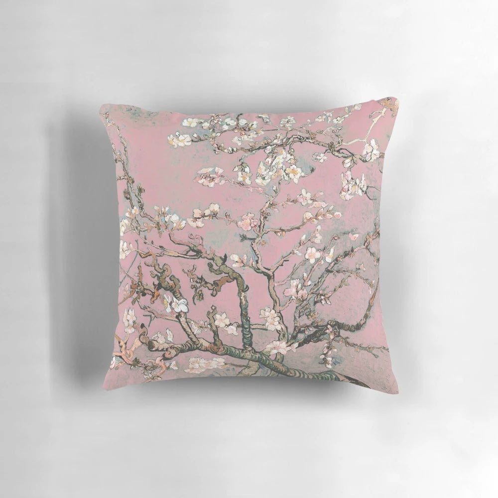 Soft pink almond blossoms against a pastel background, reminiscent of Vincent Van Gogh's iconic style