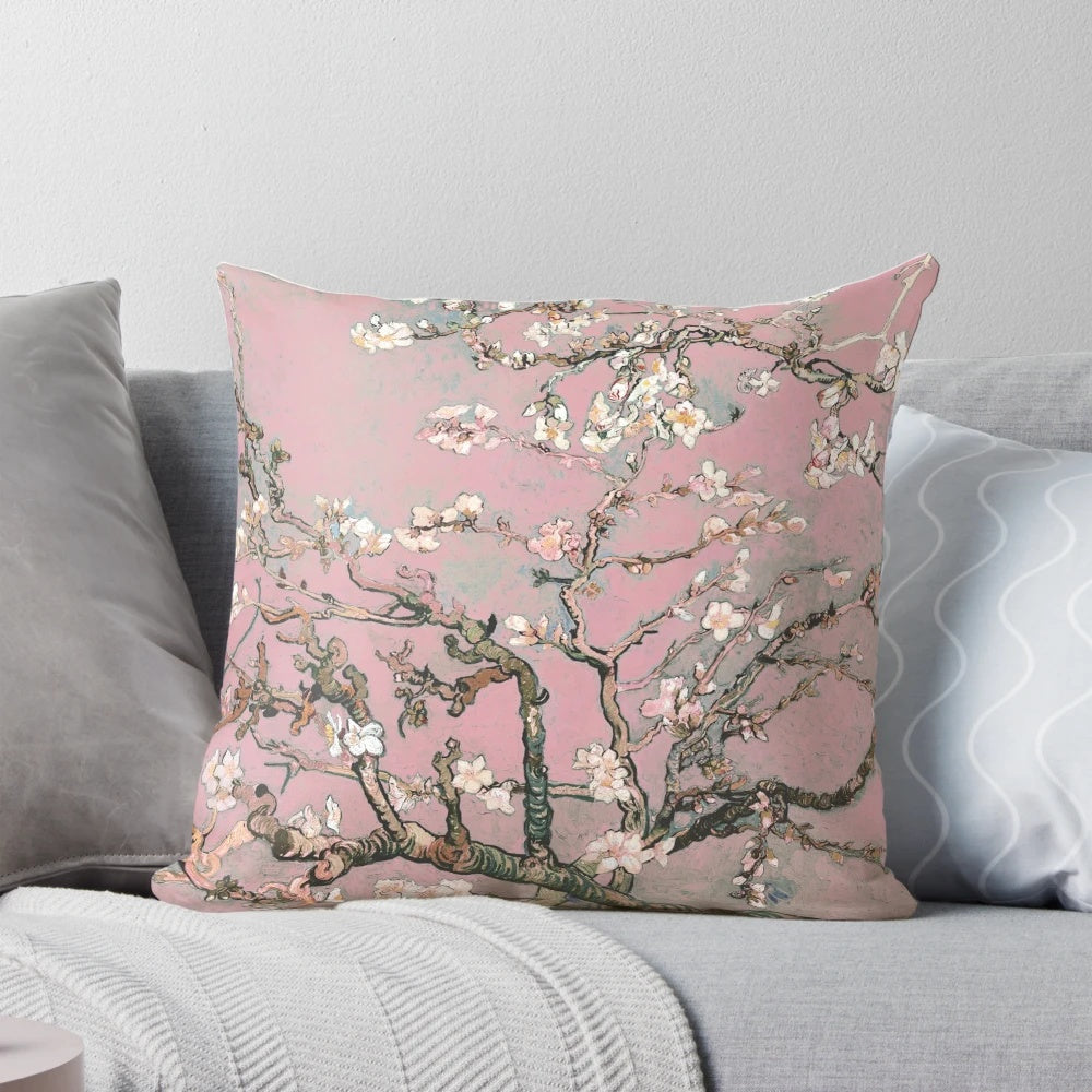 Soft pink almond blossoms against a pastel background, reminiscent of Vincent Van Gogh's iconic style