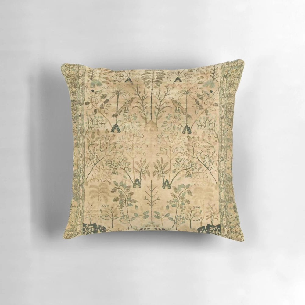 Detailed image of an antique Persian Mashad rug print pillow with floral and bird motifs, perfect for boho and ethnic-inspired home decor.