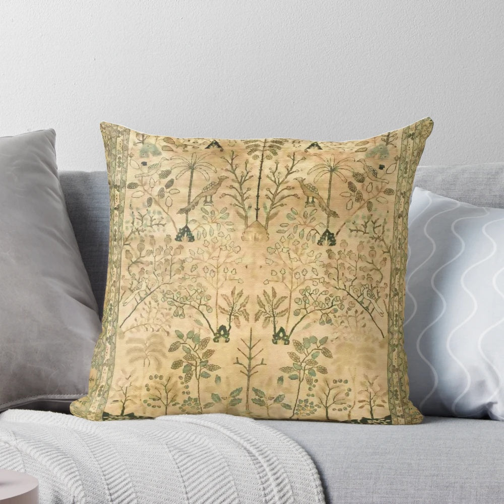 Detailed image of an antique Persian Mashad rug print pillow with floral and bird motifs, perfect for boho and ethnic-inspired home decor.