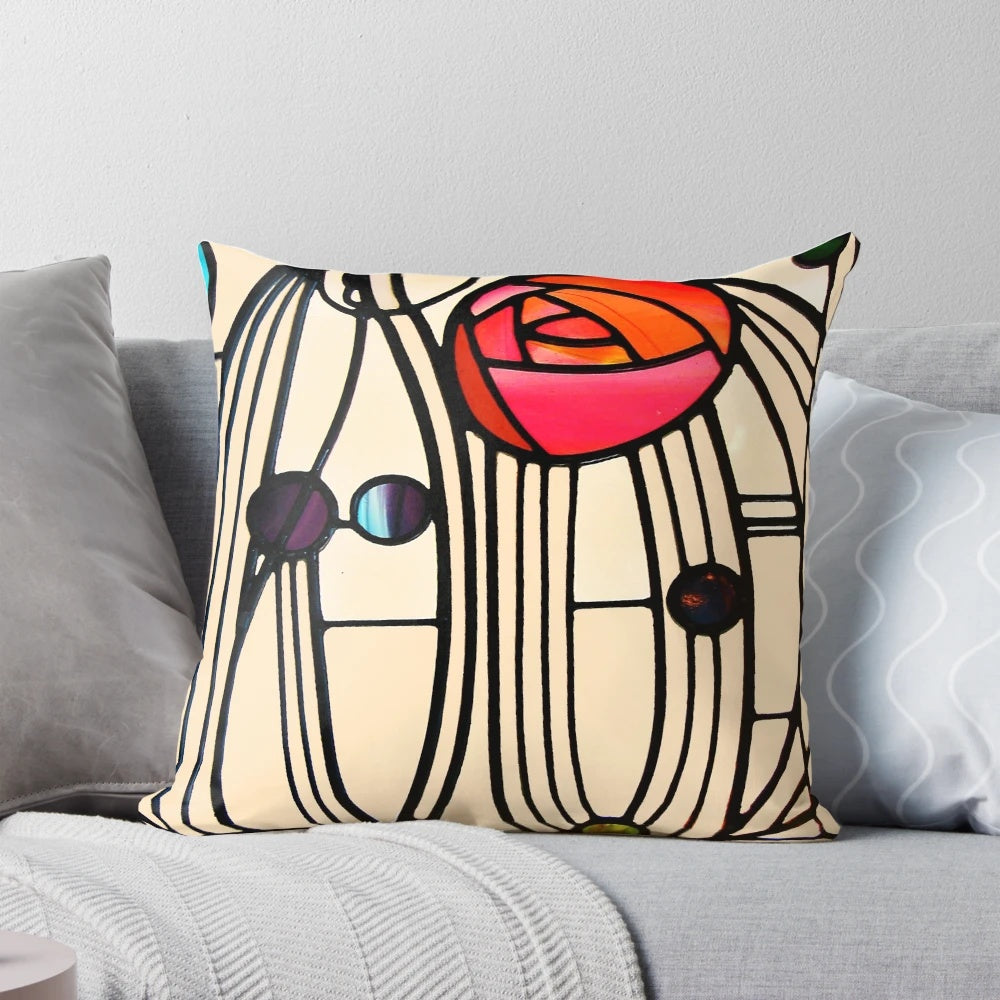 Decorative art nouveau-inspired window pillow featuring Charles Rennie Mackintosh's iconic rose and teardrop design