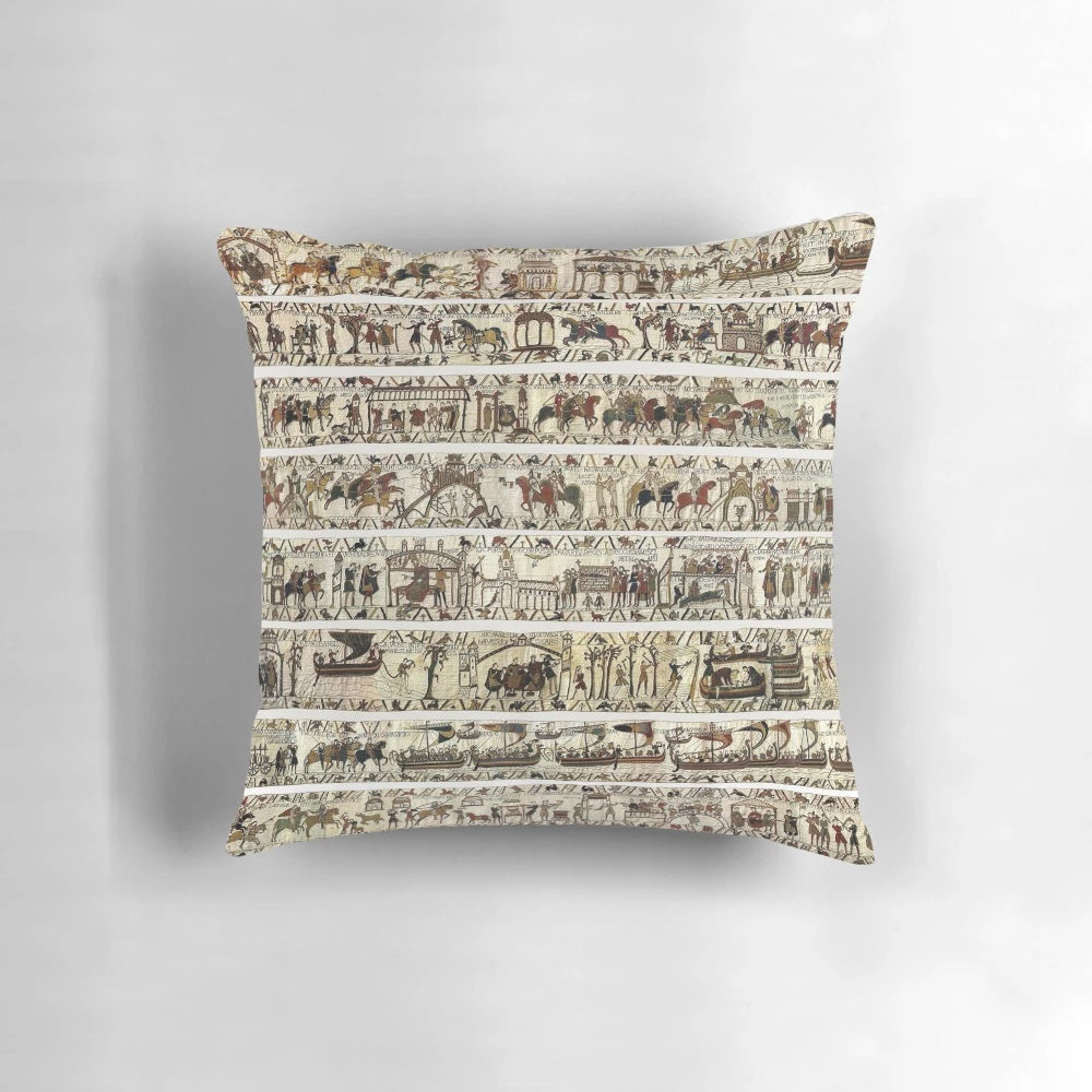 Decorative throw pillow featuring a design inspired by the famous Bayeux Tapestry