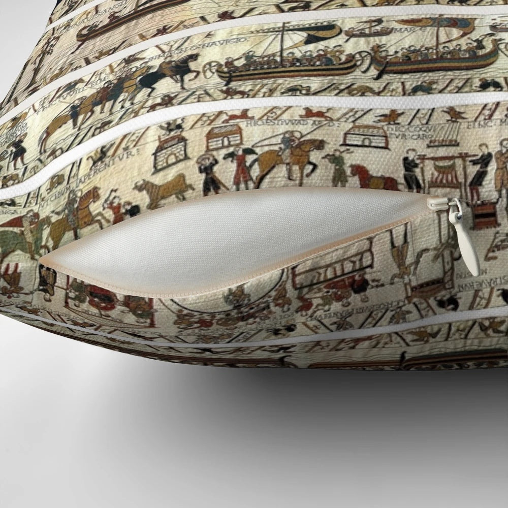 Decorative throw pillow featuring a design inspired by the famous Bayeux Tapestry