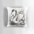 Expertly crafted black and white pencil drawing of a graceful swan on a decorative throw pillow