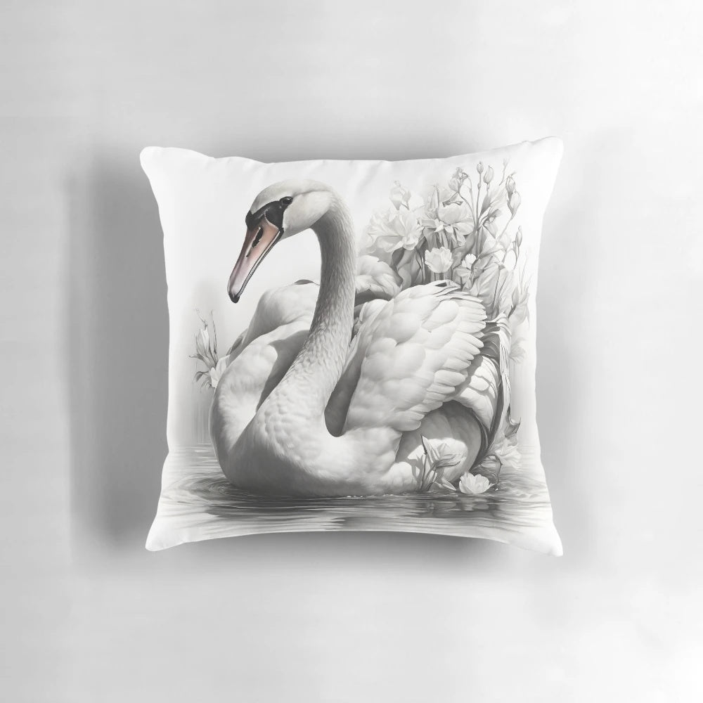 Expertly crafted black and white pencil drawing of a graceful swan on a decorative throw pillow