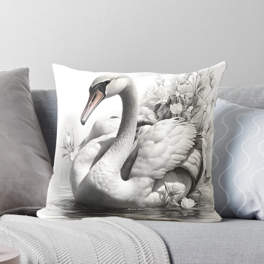 Expertly crafted black and white pencil drawing of a graceful swan on a decorative throw pillow