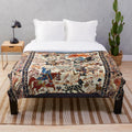 Blue antique persian rug inspired plush blanket with floral and animal print