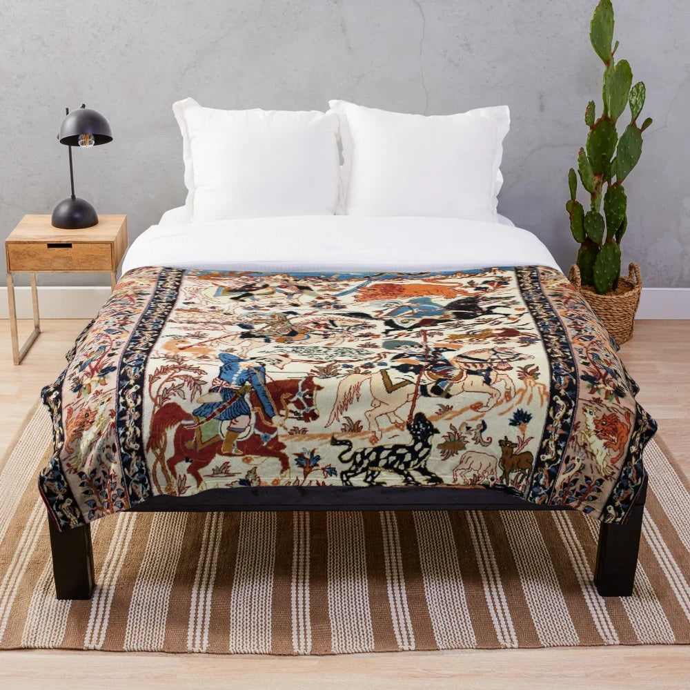 Blue antique persian rug inspired plush blanket with floral and animal print