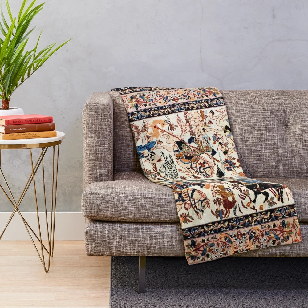 Blue antique persian rug inspired plush blanket with floral and animal print