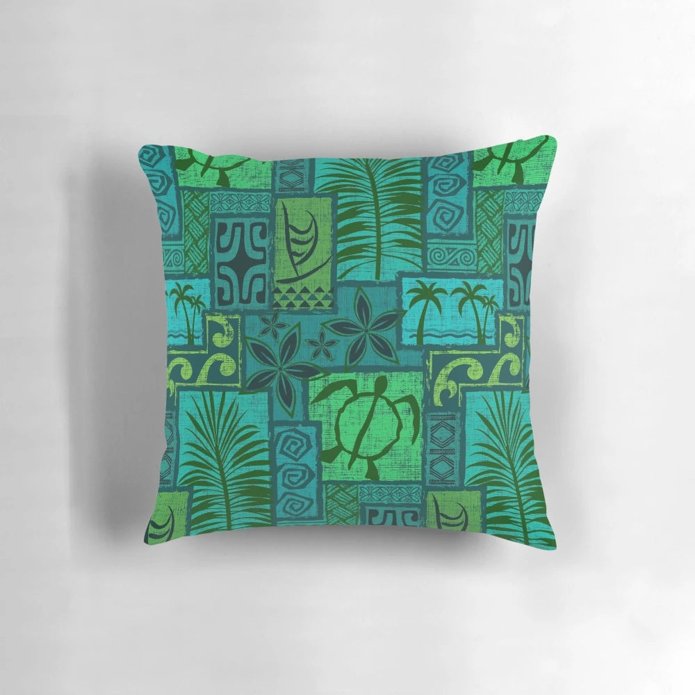 Blue Polynesian-inspired mid-century modern decorative pillow