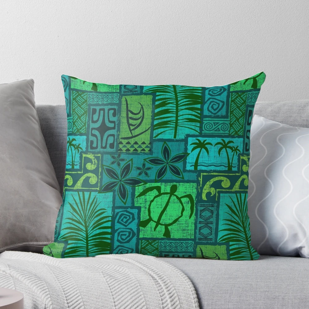 Blue Polynesian-inspired mid-century modern decorative pillow