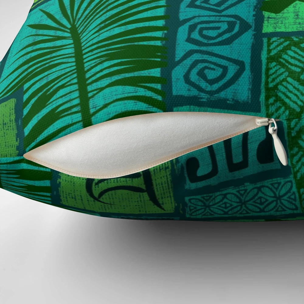 Blue Polynesian-inspired mid-century modern decorative pillow