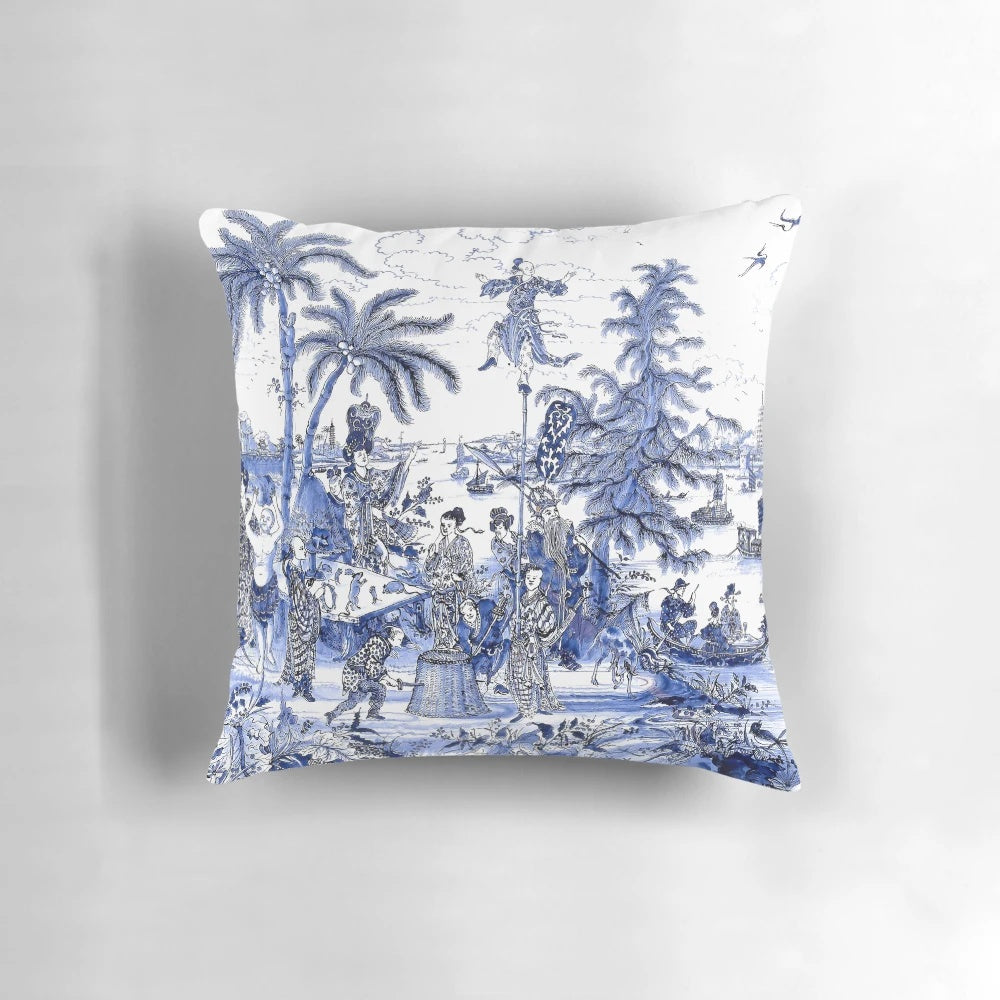 Chinoiserie blue landscape scene printed on a soft, plush pillow for a touch of vintage elegance in any room.