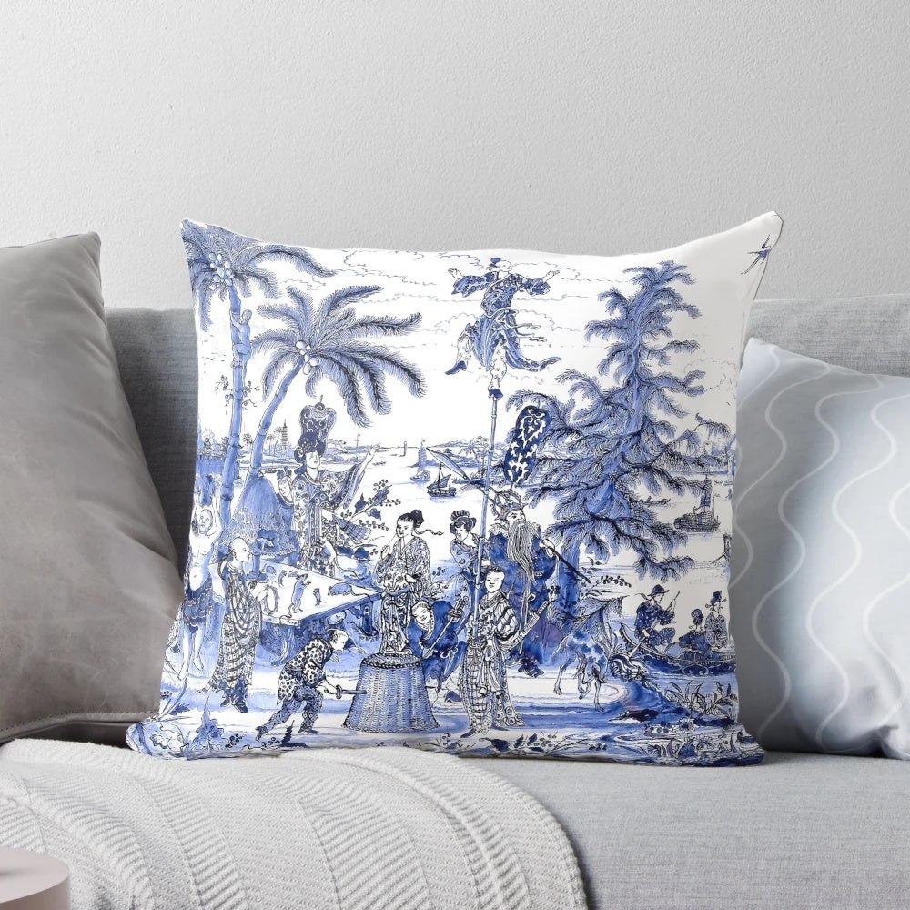 Chinoiserie blue landscape scene printed on a soft, plush pillow for a touch of vintage elegance in any room.