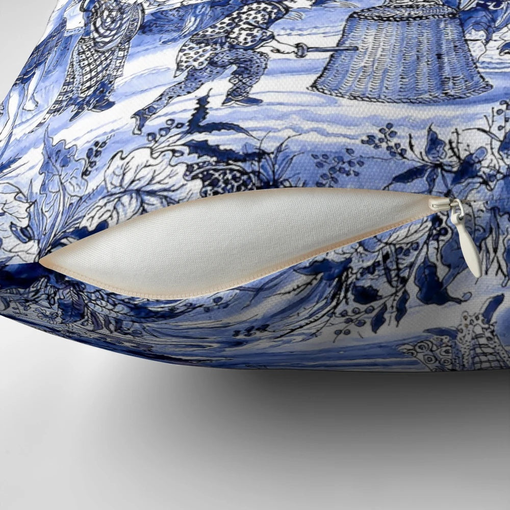 Chinoiserie blue landscape scene printed on a soft, plush pillow for a touch of vintage elegance in any room.