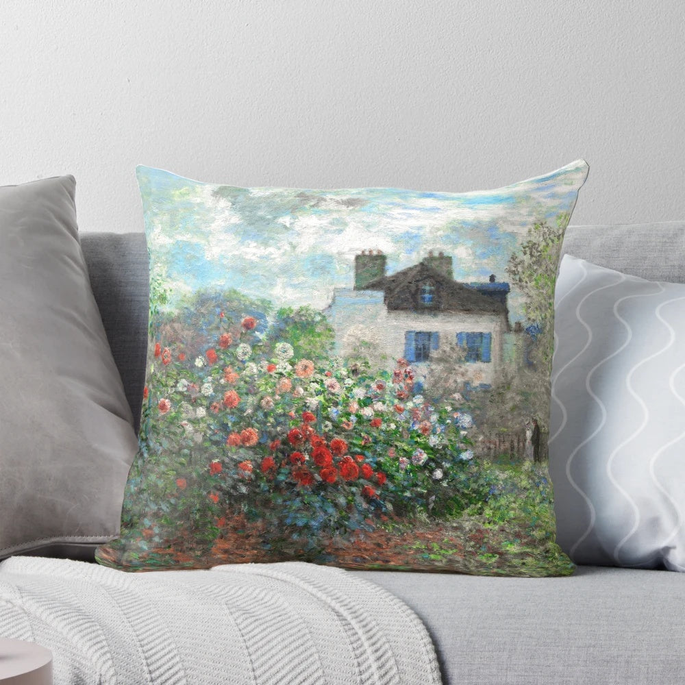 Vibrant fine art throw pillow featuring Claude Monet's painting of the Artist's Garden in Argenteuil.