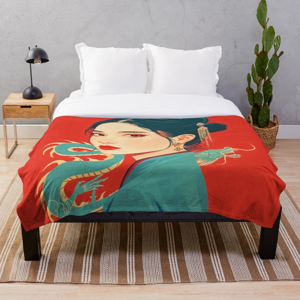 Stylized dragon portrait plush blanket for modern décor