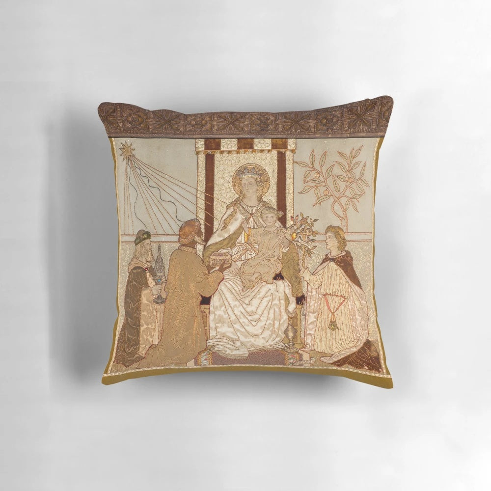 Ornate pillow featuring intricate ecclesiastical embroidery design inspired by the reredos of St Peter's Church