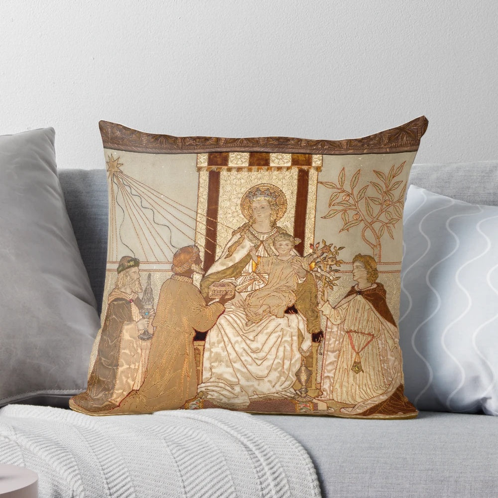 Ornate pillow featuring intricate ecclesiastical embroidery design inspired by the reredos of St Peter's Church
