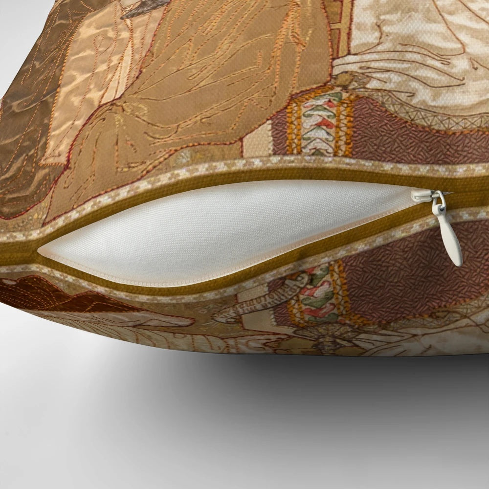 Ornate pillow featuring intricate ecclesiastical embroidery design inspired by the reredos of St Peter's Church