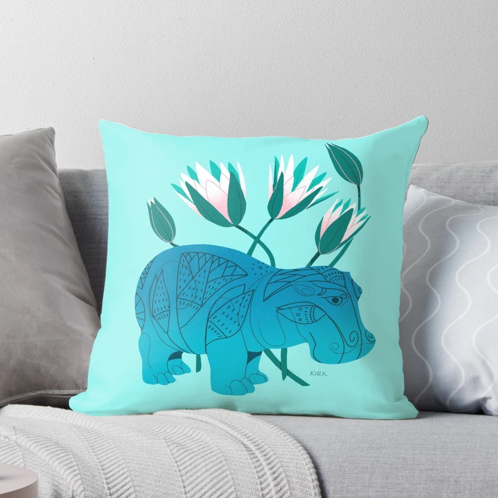 Faience hippo pillow with intricate floral designs, inspired by ancient Egyptian art and culture