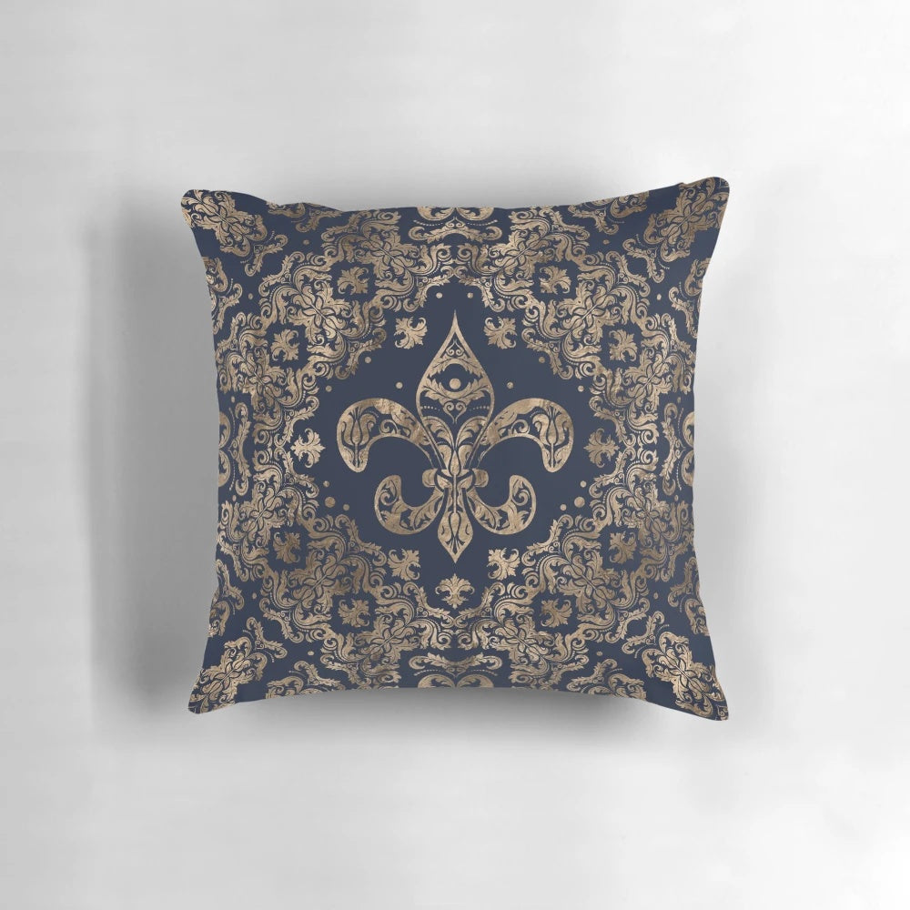 Luxurious golden and dark blue accent pillow featuring a beautiful fleur-de-lis design