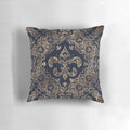 Luxurious golden and dark blue accent pillow featuring a beautiful fleur-de-lis design