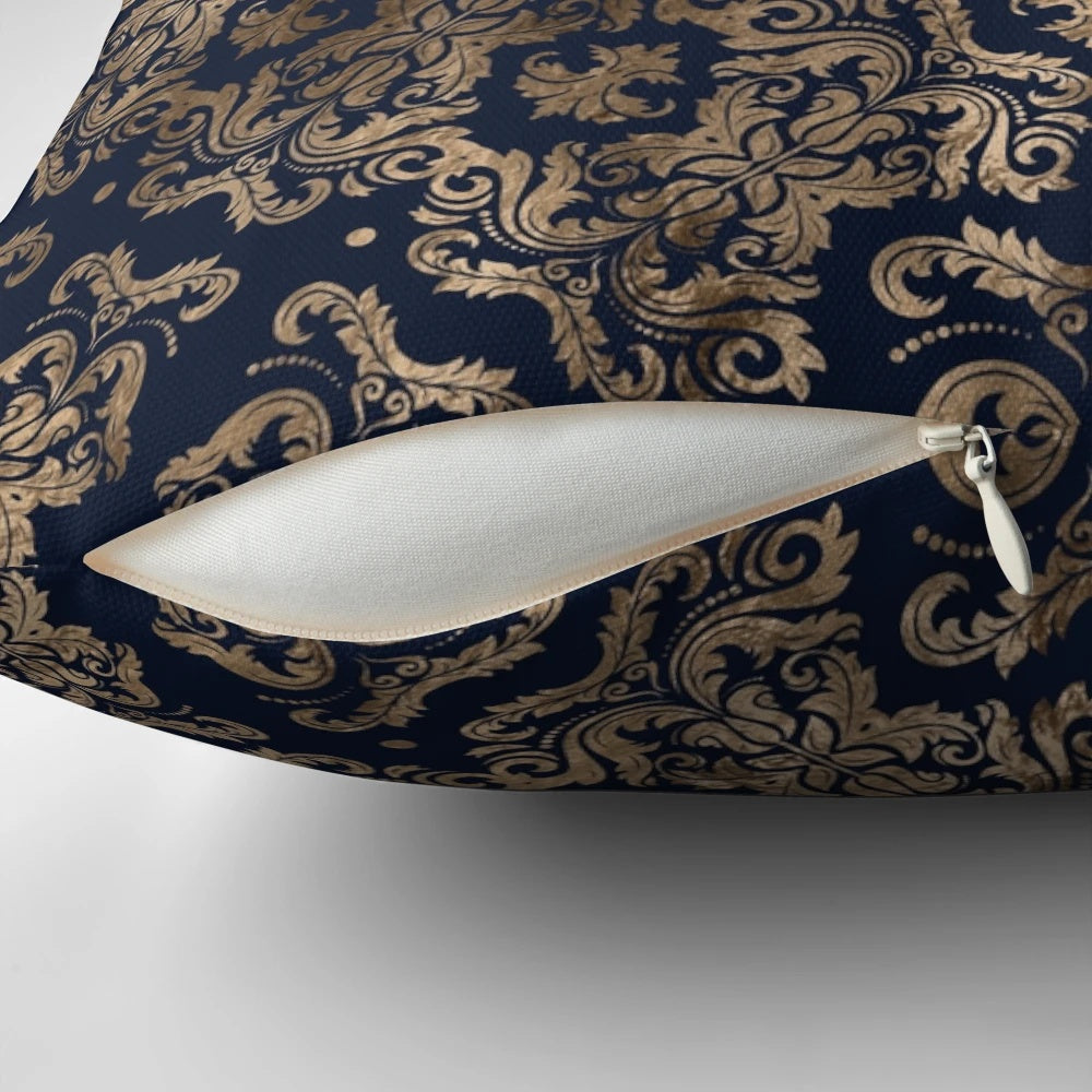 Luxurious golden and dark blue accent pillow featuring a beautiful fleur-de-lis design