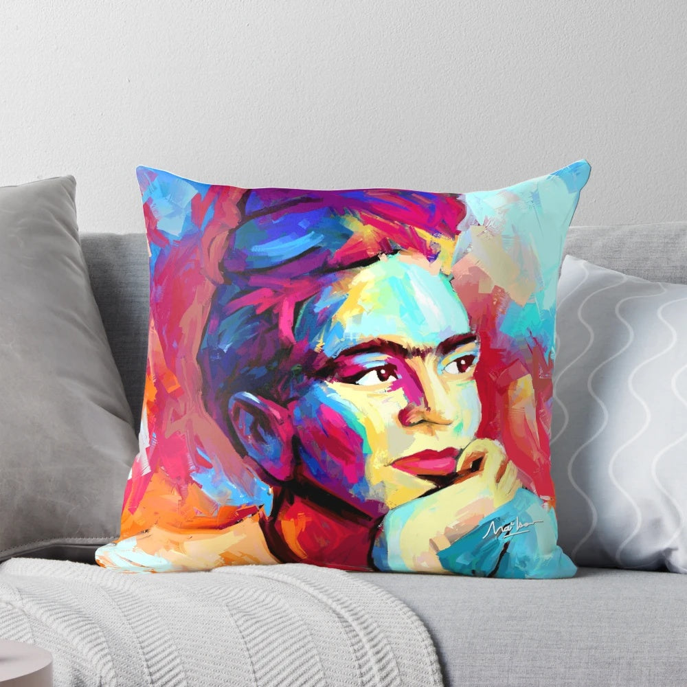 Vibrant Frida Kahlo inspired decorative pillow with unique artwork