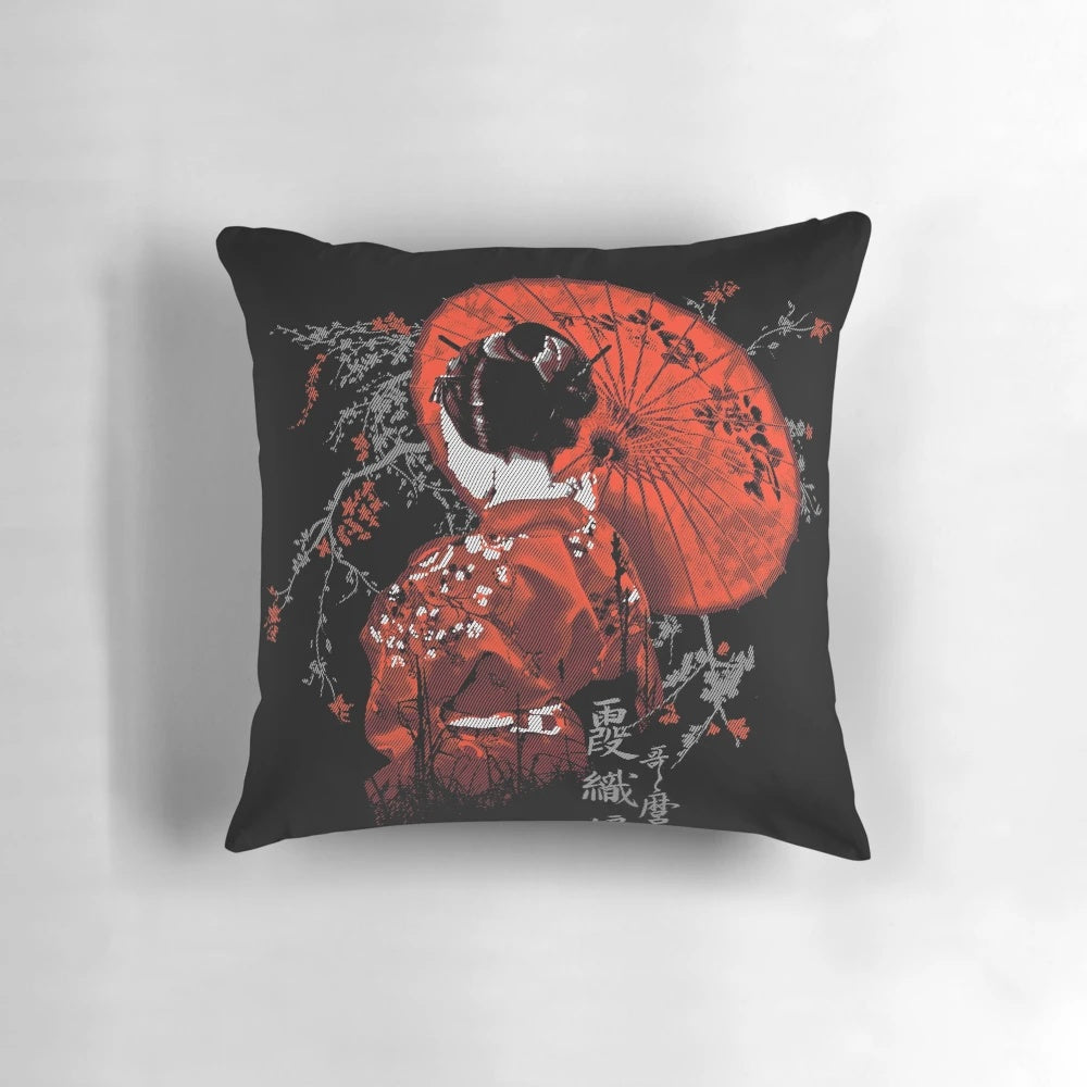 Decorative pillow featuring a beautiful geisha design with Japanese elements like kanji, hair sticks, and kimonos.