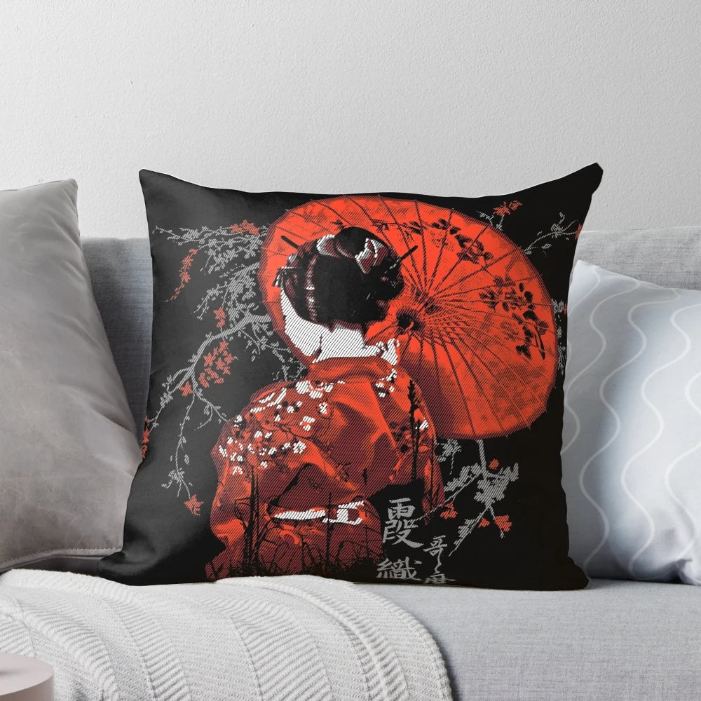 Decorative pillow featuring a beautiful geisha design with Japanese elements like kanji, hair sticks, and kimonos.