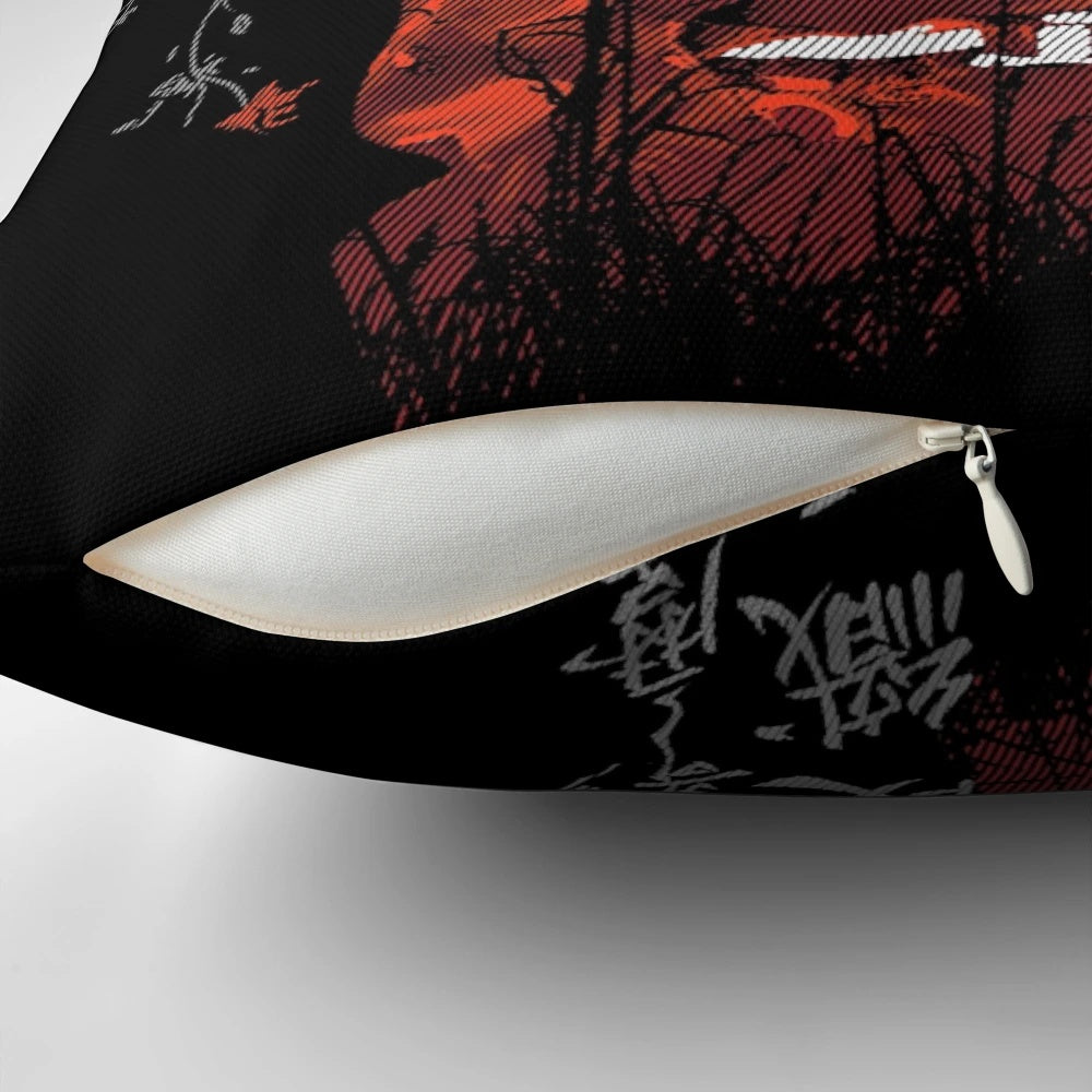 Decorative pillow featuring a beautiful geisha design with Japanese elements like kanji, hair sticks, and kimonos.