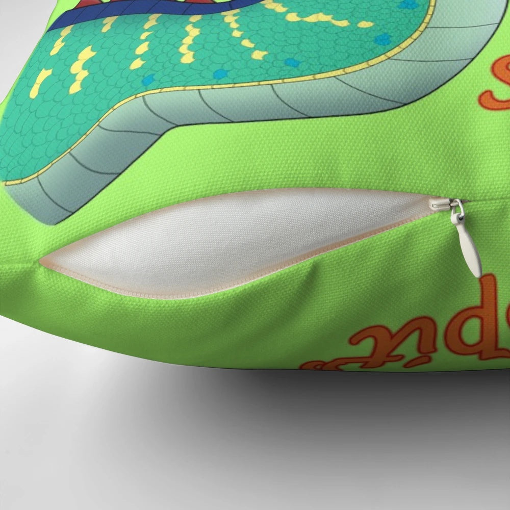 Decorative pillow featuring a vibrant, dragon-inspired design