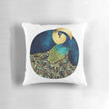 A beautiful golden peacock design on a soft, decorative pillow for your home.
