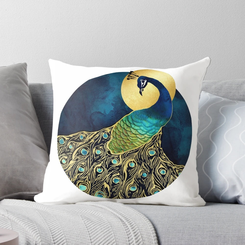 A beautiful golden peacock design on a soft, decorative pillow for your home.