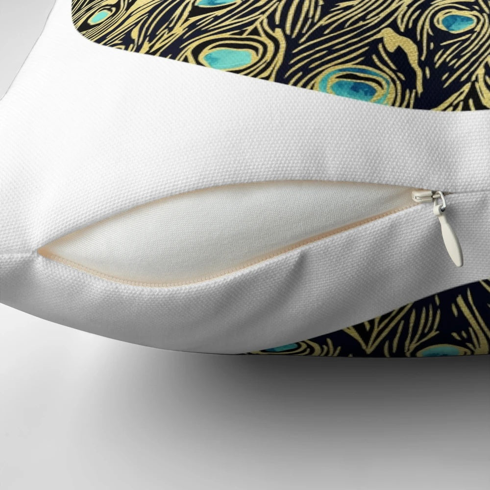 A beautiful golden peacock design on a soft, decorative pillow for your home.