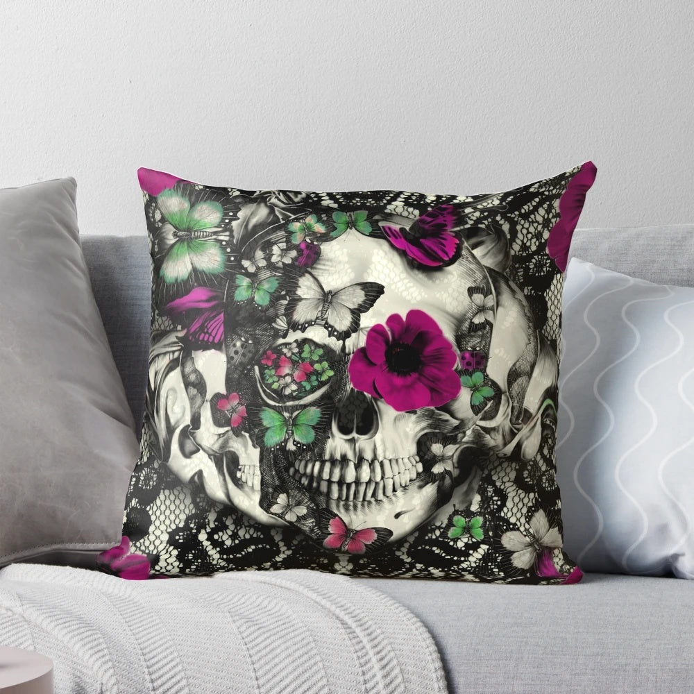 A beautifully crafted gothic lace skull pillow with a Victorian-inspired, ornate design.