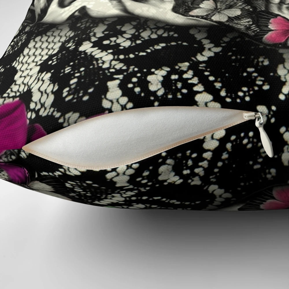 A beautifully crafted gothic lace skull pillow with a Victorian-inspired, ornate design.