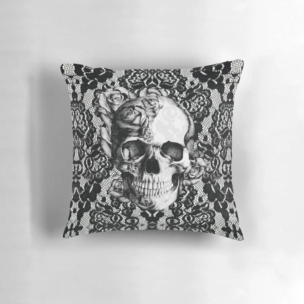 Luxurious gothic lace skull pattern decorative pillow with intricate floral design