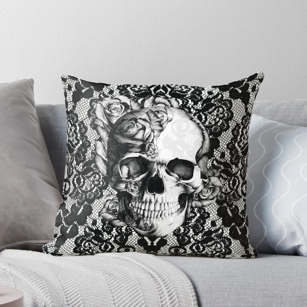 Luxurious gothic lace skull pattern decorative pillow with intricate floral design