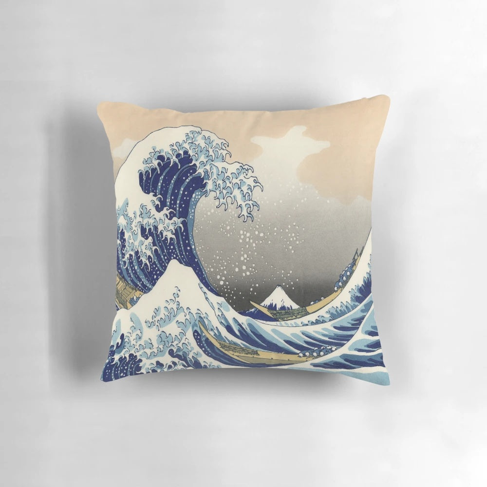Soft, comfortable decorative pillow featuring the iconic Great Wave off Kanagawa design.