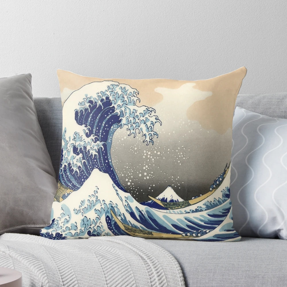 Soft, comfortable decorative pillow featuring the iconic Great Wave off Kanagawa design.
