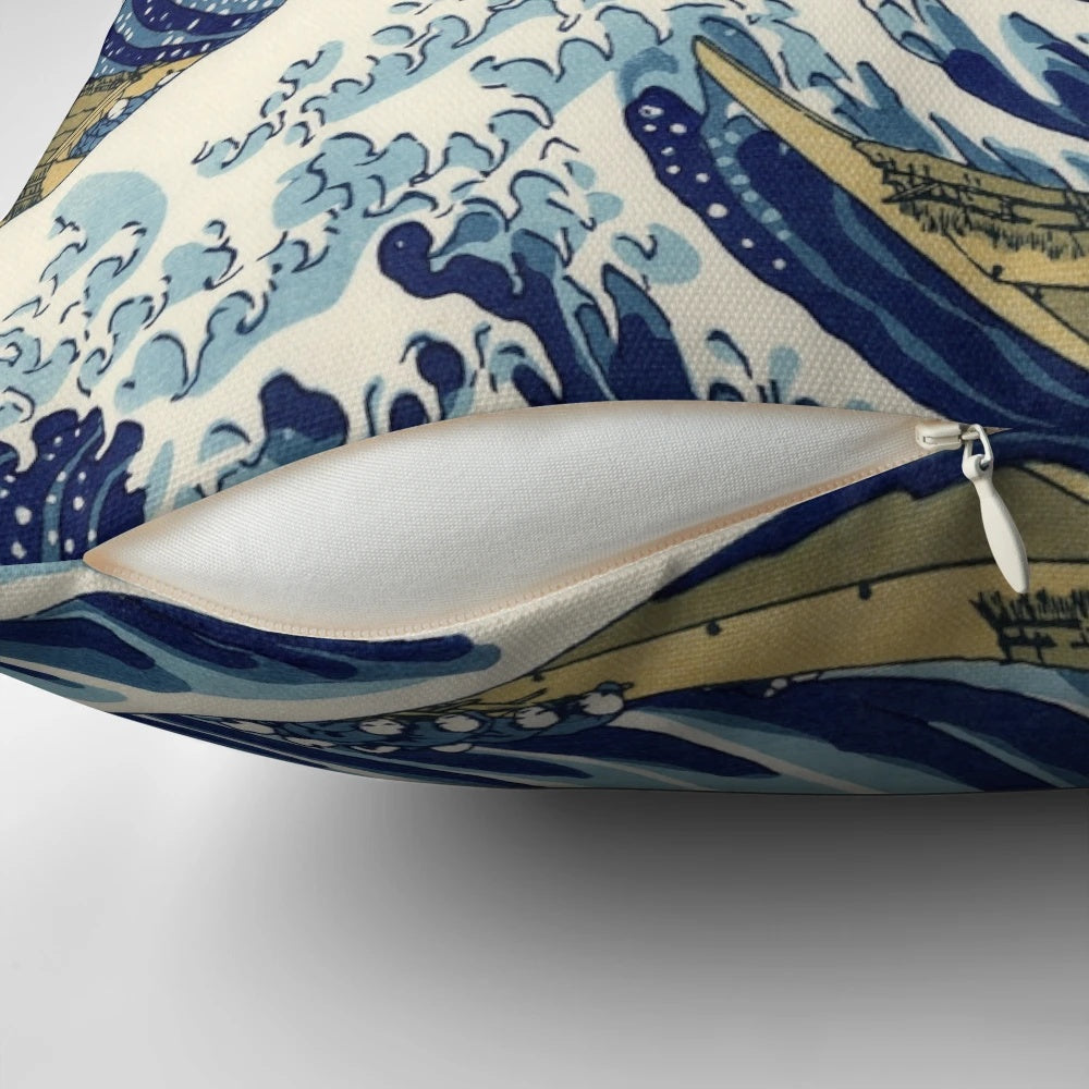 Soft, comfortable decorative pillow featuring the iconic Great Wave off Kanagawa design.