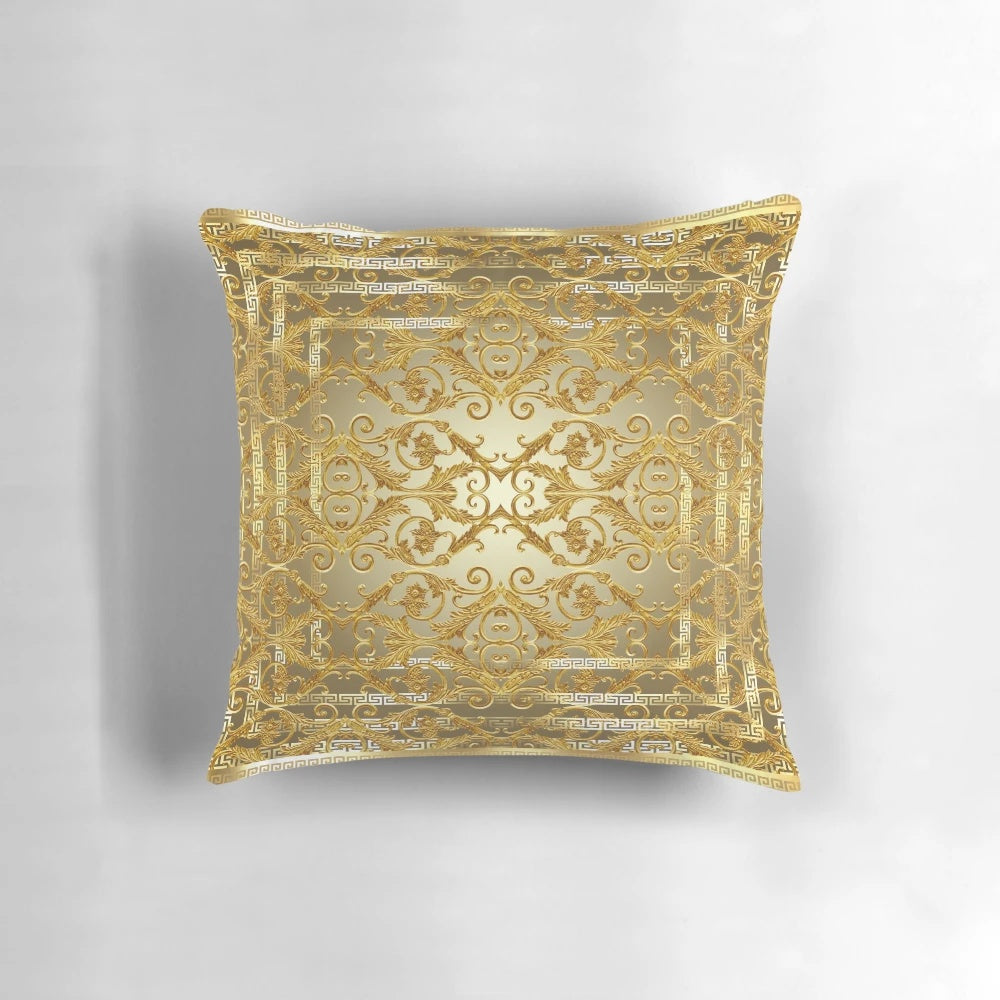 Decorative Greek key Baroque style pillow with ornate floral design in white, black, and grey