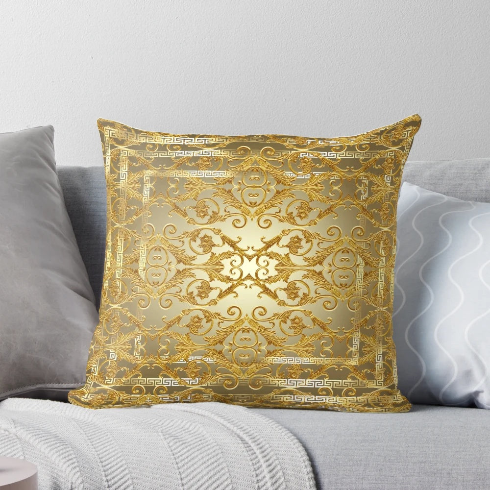 Decorative Greek key Baroque style pillow with ornate floral design in white, black, and grey