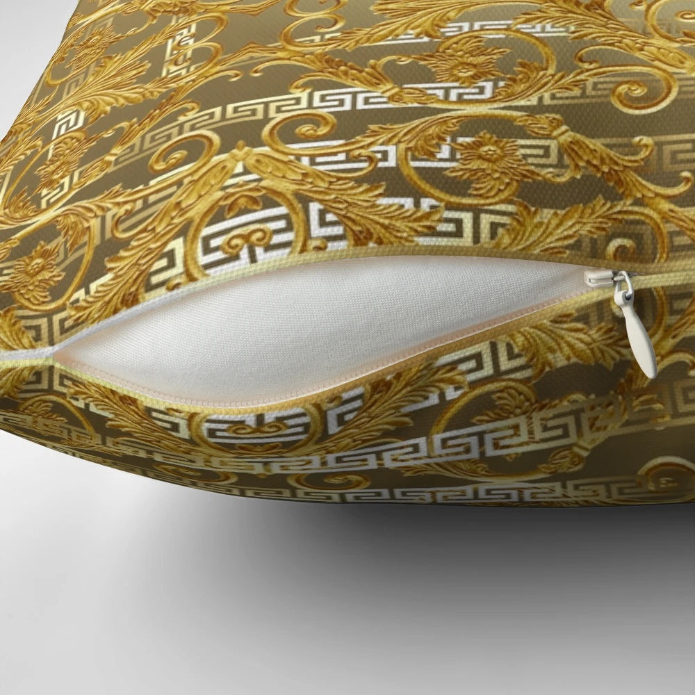 Decorative Greek key Baroque style pillow with ornate floral design in white, black, and grey