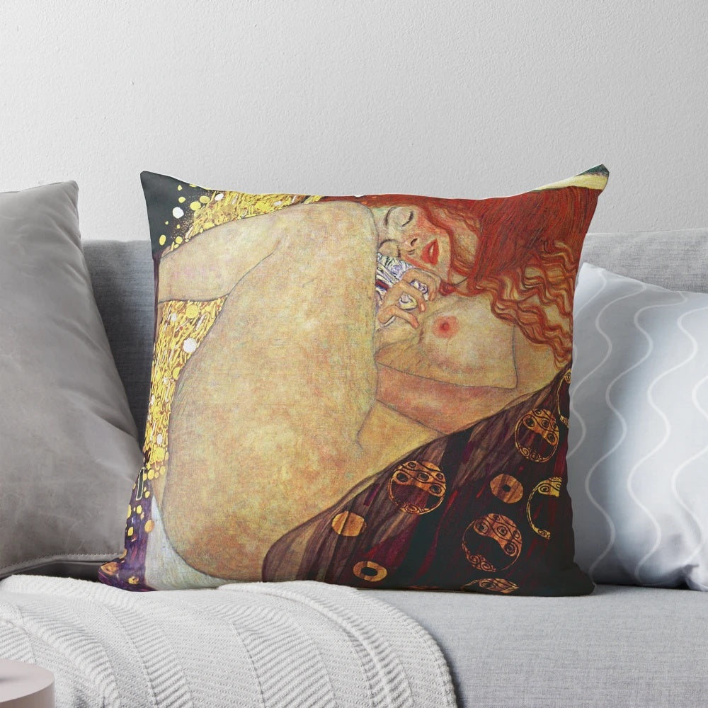 Luxurious pillow featuring the iconic Danaë painting by renowned artist Gustav Klimt