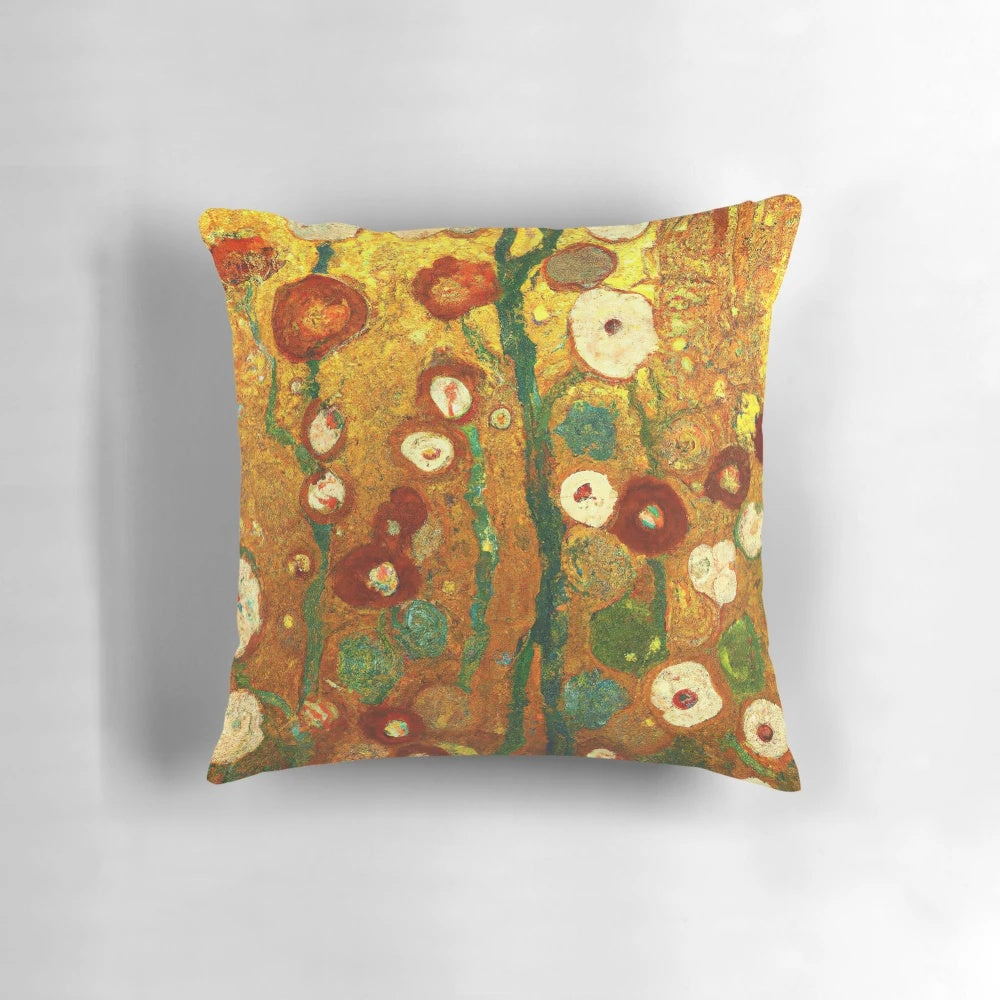 Decorative throw pillow featuring the iconic floral pattern from Gustav Klimt's famous artwork.
