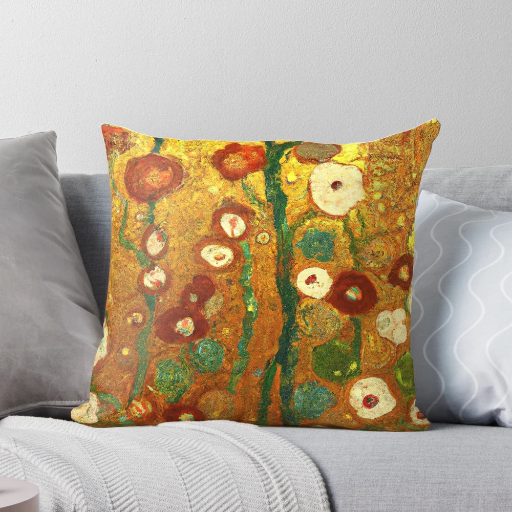 Decorative throw pillow featuring the iconic floral pattern from Gustav Klimt's famous artwork.
